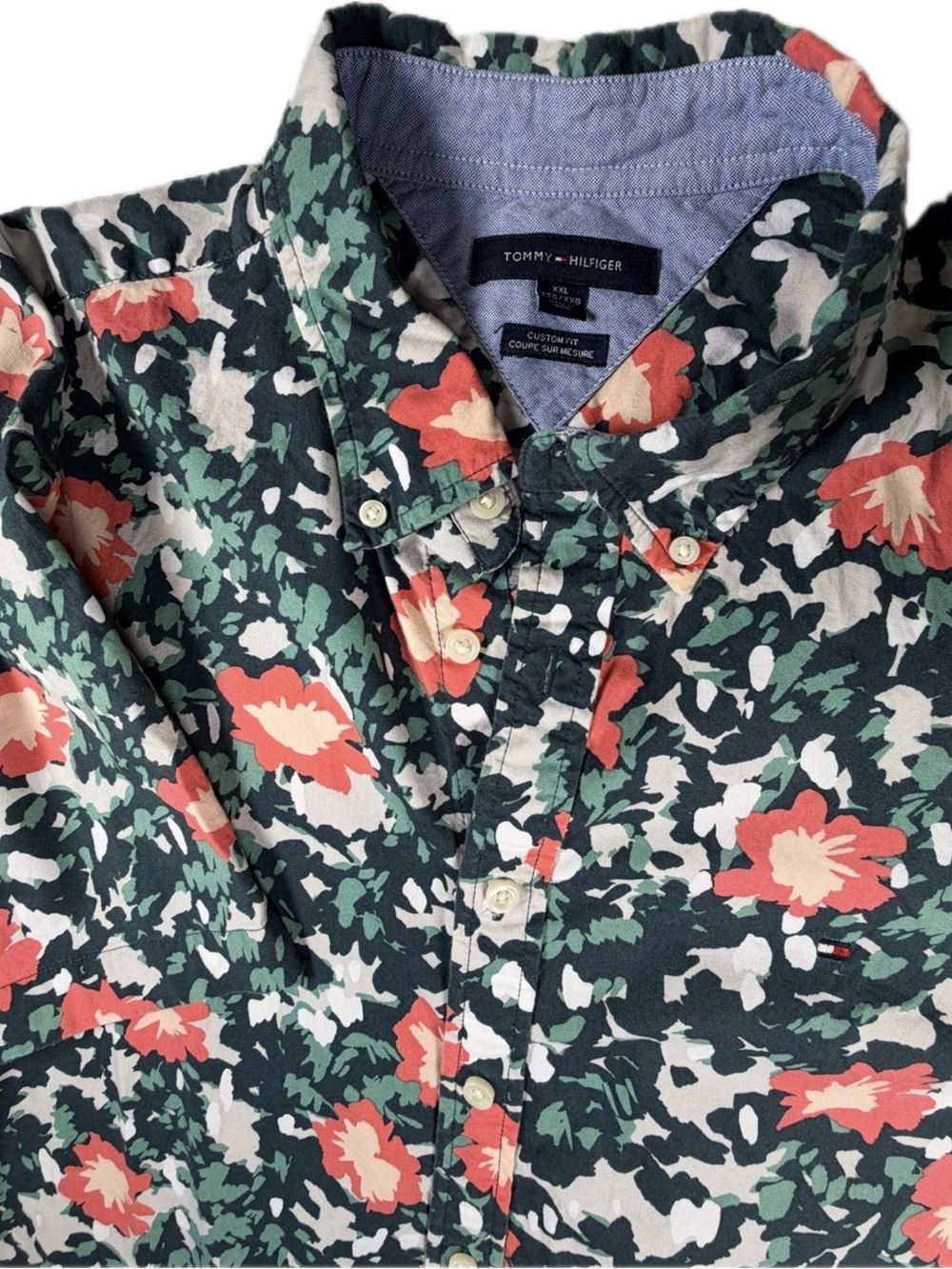 Tommy Hilfiger Men’s Dark Green Floral Button-Down Shirt with Coral Bloom Sz XXL